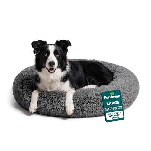 Furhaven 36" Round Calming Donut Dog Bed for Large/Medium Dogs, Refillable w/ Removable Washable Cover, For Dogs Up to 75 lbs - Shaggy Plush Long Faux Fur Donut Bed - Gray, Large - color: Gray, size: Large