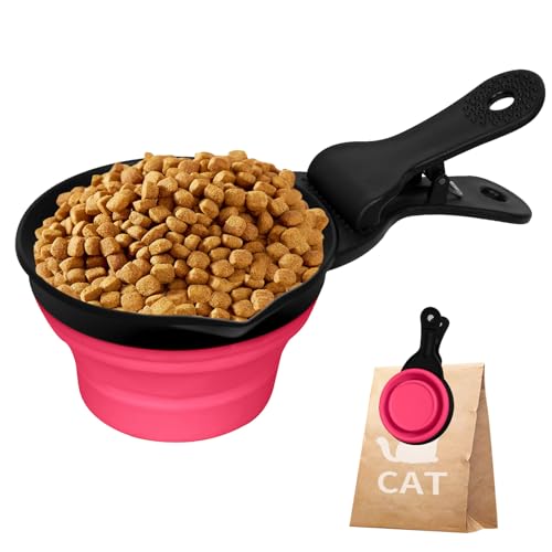 Collapsible Dog Food Scoop Foldable Pet Food Bag Clip 3 in 1 Multi-function Silicone Cat Food Measuring Cup Scoop Dog Food Scooper Pet Food Storage Clip (Rose Red, 2 Cup Capacity(1 Pack)) - color: Rose Red, size: 2 Cup Capacity(1 Pack)