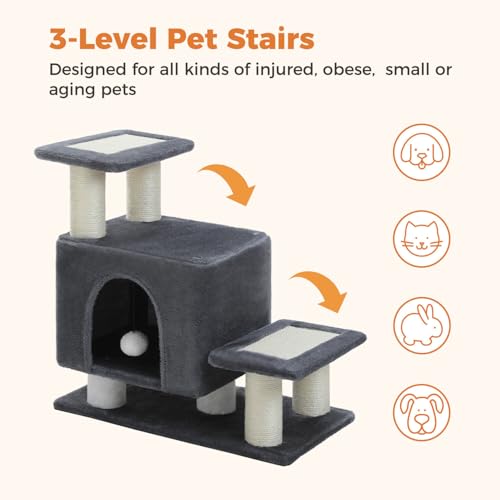 3-in-1 Dog Stairs & Cat Scratching Post with Condo, Pet Steps for High Bed, Sofa, Couch, Tall Cat Tower, High-Strength Board for Indoor Small Cats Kittens Dogs Climbing Playing, 3 Steps-Dark Grey - color: Dark Grey