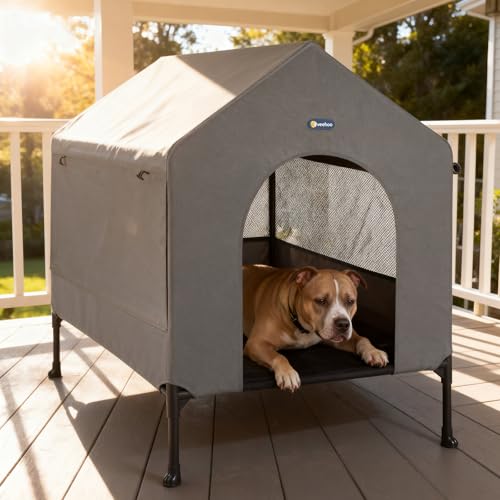 Veehoo 35" Dog House, 2-in-1 Large Dog House Outdoor Indoor Weatherproof, Outside Elevated Dog Cot Bed Dog Tent Shade, Three-Sided Breathable Mesh Windows and Sunshades, CWC2435CP