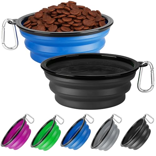 Collapsible Dog Bowl Large 2 Pack, Dog Water Bowls for Travels, Portable Foldable Pet Bowls Feeding Watering Dish for Parking Walking Camping with 2 Carabiners Clip (34oz, Large,Blue+Black) - color: Blue+Black, size: Large