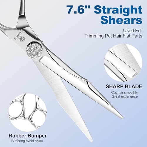 GLADOG 럭셔리 강아지 그루밍 가위 세트 - 17.8cm(7인치) 스트레이트, 16.5cm(6.5인치) 얇음, 17.8cm(7인치) 청커, 17.8cm(7인치) 곡선 - 9CR 스틸, 실버 럭스, 오른손, 플라스틱 손잡이, 4개입 - style: 프리미엄 세트