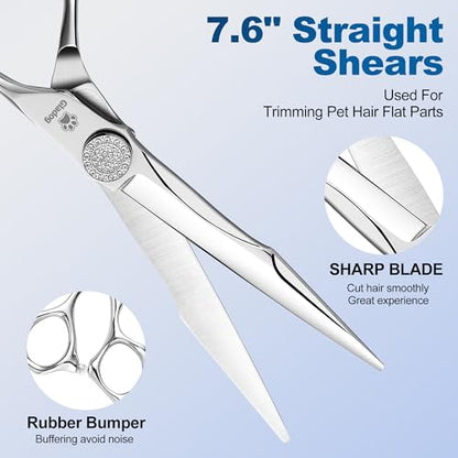 GLADOG 럭셔리 강아지 그루밍 가위 세트 - 17.8cm(7인치) 스트레이트, 16.5cm(6.5인치) 얇음, 17.8cm(7인치) 청커, 17.8cm(7인치) 곡선 - 9CR 스틸, 실버 럭스, 오른손, 플라스틱 손잡이, 4개입 - style: 프리미엄 세트