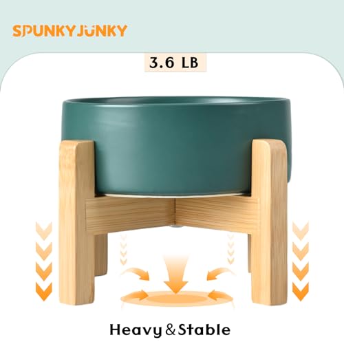 SPUNKYJUNKY Ceramic Elevated Dog Bowls 2 Pack - 8.3inch Raised Dog Bowls with Non-Slip Wooden Stand for Large Dogs Dishwasher Safe(Green,60OZ*2) - color: Green, size: Large - 7.6 CUPS*2