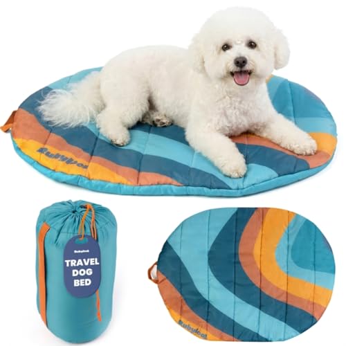 Travel Dog Bed (30" x 22") – Foldable & Packable for Travel, Road Trip, Camping – Lightweight, Water Resistant & Cozy with Soft Padding – Compact, Portable & Machine Washable – Small Breeds: Teal - color: Sunset Surf, size: Small