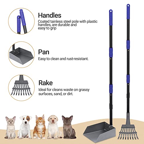 Heeyoo Dog Pooper Scooper, Dog Poop Tray and Rake Set, Pet Waste Removal Scoop with Long Adjustable Sectional Stainless Handles - color: Black/Blue