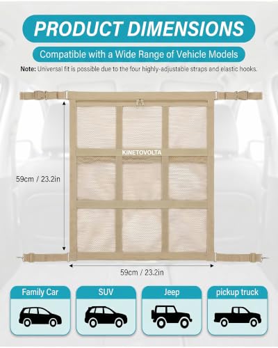 Dog Car Net Barrier 9-Grid Reinforced Easy Install | Beige, includes dog seat belt for car. Double mesh, storage pocket. Breathable, fits SUVs sedans trucks. Keeps dogs safe.