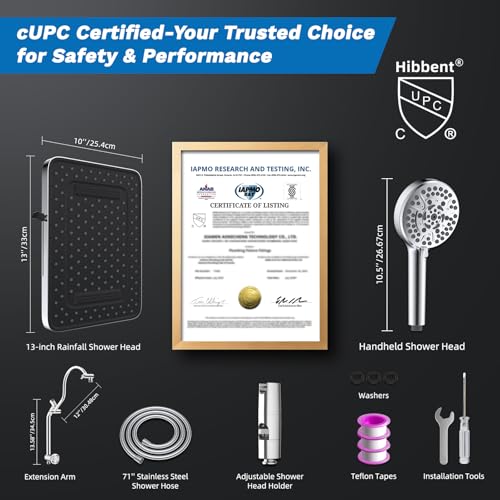 Hibbent cUPC Certified 13'' Shower Head Combo, High Pressure 5 Spray Rainfall Showerhead, 10 Spray Mode Handheld, All Metal Easy Reach 4-way Diverter Arm with Pause Mode, 71'' Hose and Holder, Chrome - color: Chrome, style: Square 13"
