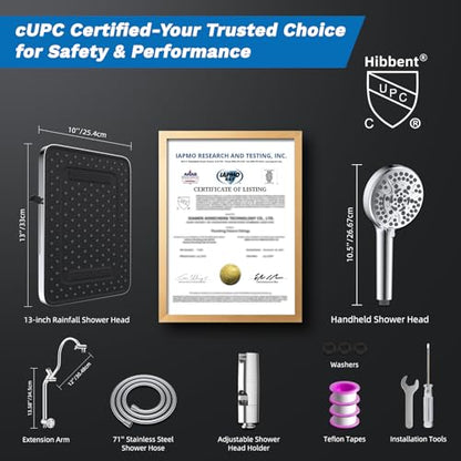 Hibbent cUPC Certified 13'' Shower Head Combo, High Pressure 5 Spray Rainfall Showerhead, 10 Spray Mode Handheld, All Metal Easy Reach 4-way Diverter Arm with Pause Mode, 71'' Hose and Holder, Chrome - color: Chrome, style: Square 13"