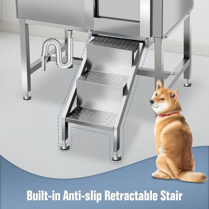 38" Dog Bathing Station, Professional Dog Washing Station Stainless Steel Dog Grooming Tub for Home,Equipped with Three Anti-Slip Steps, Removable Door, Pet Wash Station for Pet,R-RAMP - color: R-RAMP