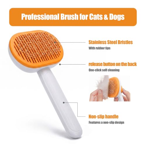 Self-Cleaning Pet Hair Brush & Fine-Tooth Comb | One-Button Fur Removal Tool | Rounded Stainless Steel Pins, Gentle on Skin | for Dogs & Cats, Long & Short Hair | Home Grooming Kit (orange)