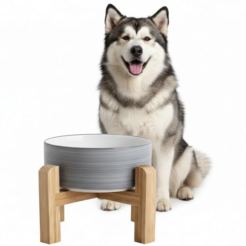 hjn Elevated Ceramic Dog Bowl with Bamboo Stand, Raised Pet Feeding Station for Small Medium Dogs Cats, Modern Design with Anti-Slip Base (White Gray, 7.6Cup) - color: White Gray, size: 7.6Cup