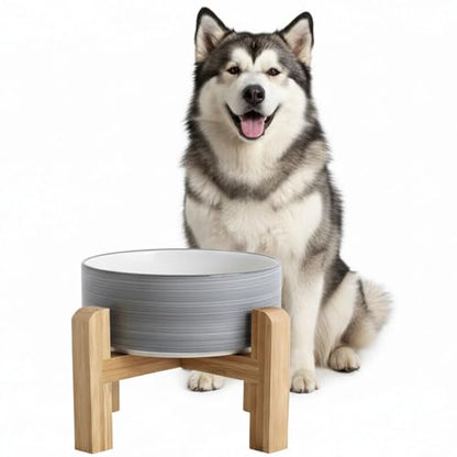 hjn Elevated Ceramic Dog Bowl with Bamboo Stand, Raised Pet Feeding Station for Small Medium Dogs Cats, Modern Design with Anti-Slip Base (White Gray, 7.6Cup) - color: White Gray, size: 7.6Cup