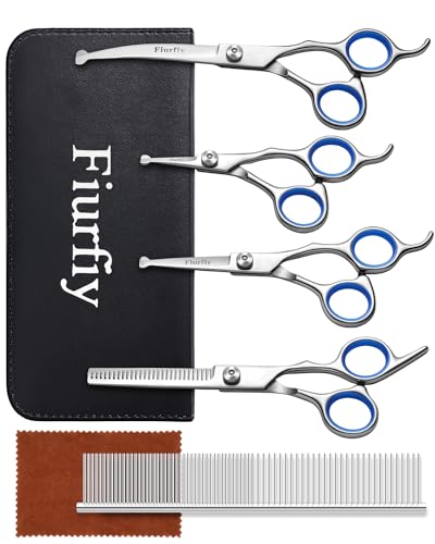 6-in-1 Dog Grooming Scissors - Professional Stainless Steel Hair Cutting Kit with Safety Rounded Tips, Ergonomic Soft-Grip Handles for Small & Large Dogs, Cats - color: Blue