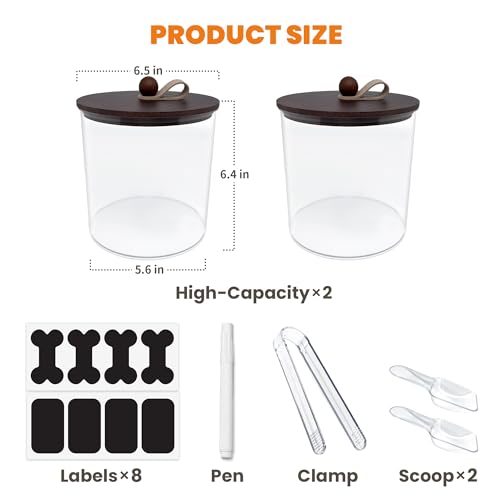 HOYTAMDAR 2 Pack Airtight Dog Treat Containers with Bamboo Lids, Dog Treat Jars with Scoops, Clamps, Labels and Marker, Dog & Cat Treat Holder - color: Brown - 2 Pack