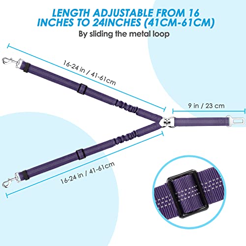 SlowTon Dog Seat Belt, Double Dog Seatbelt Adjustable Vehicle Safety Leash with Elastic Bungee Buffer, Reflective No Tangle Y Shape Two Dog Harness Seat Belt Splitter for Pets Car Trip (Purple, S) - color: H.Purple, size: 2 Small in 1