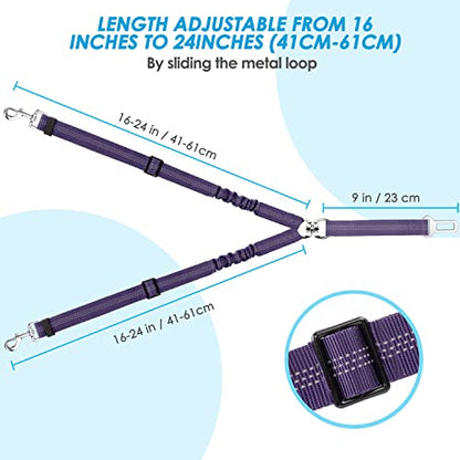 SlowTon Dog Seat Belt, Double Dog Seatbelt Adjustable Vehicle Safety Leash with Elastic Bungee Buffer, Reflective No Tangle Y Shape Two Dog Harness Seat Belt Splitter for Pets Car Trip (Purple, S) - color: H.Purple, size: 2 Small in 1