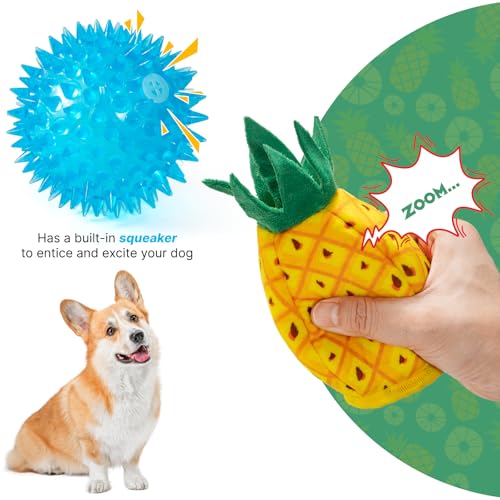 No Stuffing 3pc Squeaky Dog Toys 2 in 1 Interactive Plush Dog Toy Pineapple Shaped Rip&Reveal Toy for Boredom- Perfect for Chew&Fetch Play
