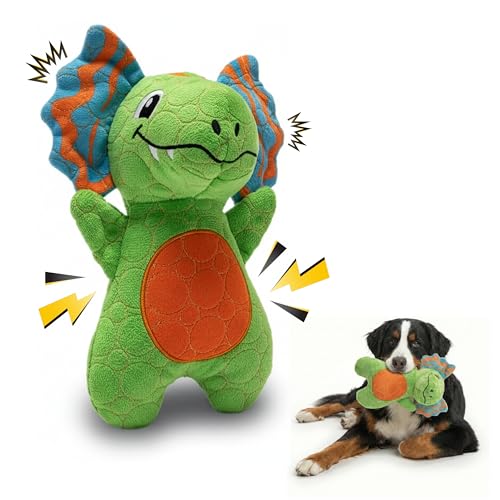 Bite Force - Durable & Strong Dog Toy Green Dino with Squeaker, Kevlar-Reinforced for Aggressive chewers. - color: Medium - Dilophosaurus