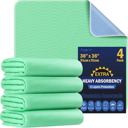 FYGRIP 4 Pack 36” x 36” Extra Heavy Absorbency Washable Underpads, Waterproof Quick Drying Nursing Incontinence Reusable Washable Bed Pee Pads for Dogs, Diaper Changing & Adults, Green - size: 4 Pack - 36" x 36"
