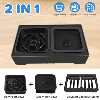 2-in-1 Elevated Slow Feeder Dog Bowls, 4 Height Adjustable Raised Dog Bowls Stand with No Spill Water Bowl, Non-Skid Pet Food Feeding Set for Small, Medium, Large Dogs Cats - size: Slow Feeder