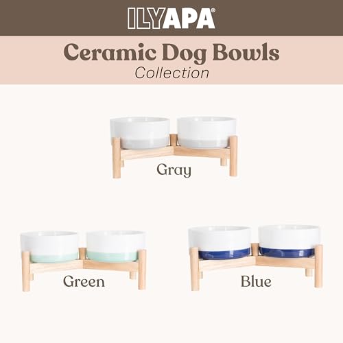 Ilyapa Ceramic Dog Bowls - Elevated for Medium Sized Pet with Raised Food and Water Set - Gray Double 6 inch, 28 Oz Bowls & 13x6.3x5.5 Wooden Stand - color: Gray