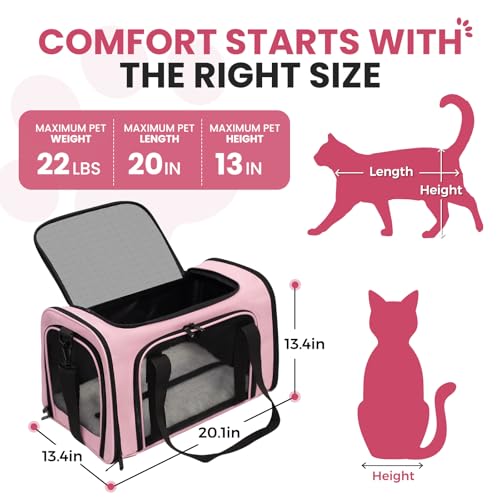 Soft-Sided Cat Carrier Expandable Pet Carrier Airline Approved Mesh Travel Carrier Up to 22lbs for Cats Small Dogs Collapsible Escape-Proof with Shoulder Strap Washer (20x13x13 Pink) - color: Pink, size: 13.4"L x 13.4"W x 20.1"H