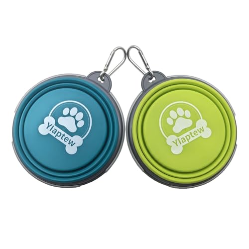 Small Collapsible Dog Bowl 12oz,2 Pack Portable and Foldable Pet Travel Bowls with 2 Carabiners & Lids for Dogs Cats and Small Animals (Blue+Green+Grey, 350ml)