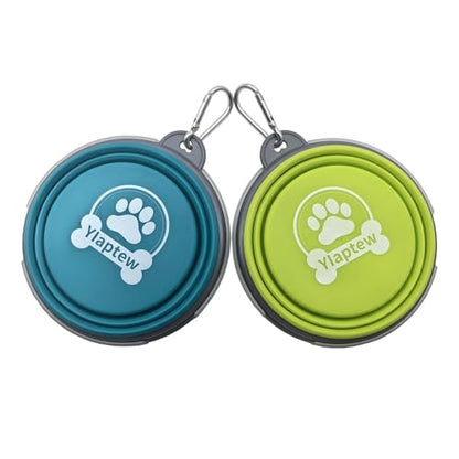 Small Collapsible Dog Bowl 12oz,2 Pack Portable and Foldable Pet Travel Bowls with 2 Carabiners & Lids for Dogs Cats and Small Animals (Blue+Green+Grey, 350ml)