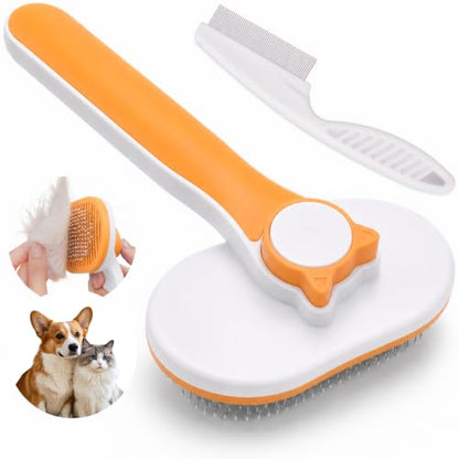 Self-Cleaning Pet Hair Brush & Fine-Tooth Comb | One-Button Fur Removal Tool | Rounded Stainless Steel Pins, Gentle on Skin | for Dogs & Cats, Long & Short Hair | Home Grooming Kit (orange)
