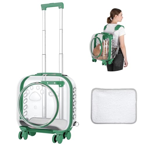 Cat Carrier with Wheels & Detachable Strap – Rolling Pet Trolley with Telescopic Handle, Transparent Hard Shell, Silent Wheels, Ventilated Design for Travel, Walking, Vet Visits for Small - color: Green