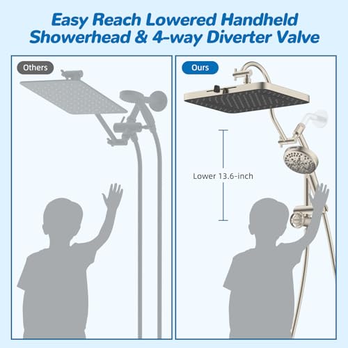 Hibbent cUPC Certified 13'' Shower Head Combo, High Pressure 5 Spray Rainfall Showerhead, 10 Spray Handheld, All Metal Easy Reach 4-way Diverter Arm with Pause Mode, 71'' Hose & Holder, Brushed Nickel - color: Brushed Nickel, style: Square 13"