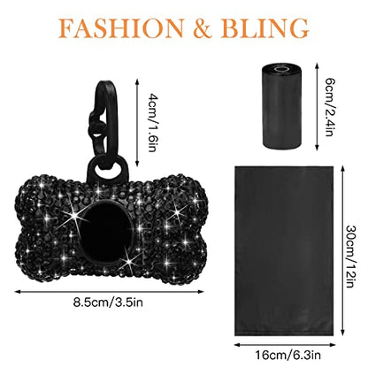 SAVORI Dog Poop Bag Holder Bling Crystal Dog Waste Bags Dispenser for Pet Dog Doggy with Carabiner Clip Includes 1 Roll 15 Bags (Black) - color: Black