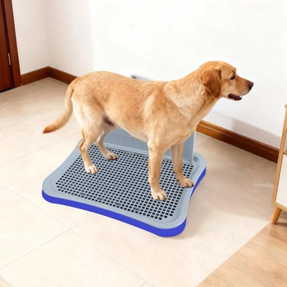 Generic Dog Toilet with Wall, 20.1 X 15.6 in / 51 X 39.5 Cm Indoor Potty Tray, Abs Puppy Training Pad Holder, Removable Post, Quick-Draining Grate for Small Medium Dogs, Blue-Gray