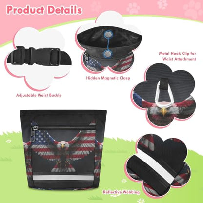 Independence Day Water-Resistant Dog Treat Pouch, 3 Ways to Wear Treat Bag with Magnetic Closure & Reflective Strip, Hands-Free for Pet Training, Walking