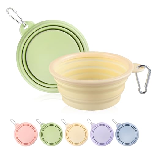 Collapsible Dog Bowls 2-Pack, Portable Travel Dog Bowl with Carabiner, Food-Grade Silicone Pet Bowl for Hiking, Walking(Macaron Yellow and Green) - color: 12 OZ Macaron Yellow and Green