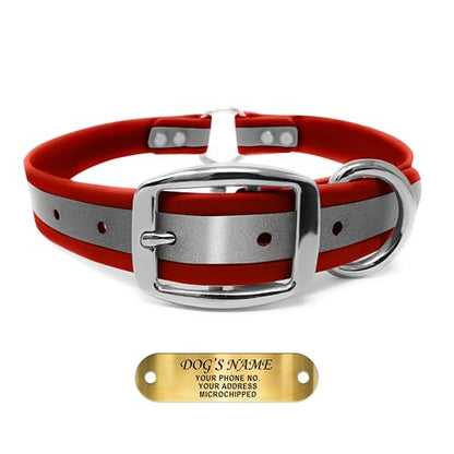 Regal Dog Products Small Red Reflective Dog Collar with Custom Engraved Name Plate and Heavy Duty Center Ring | Waterproof Biothane Personalized Dog Collars - Other Sizes for Medium & Large Dogs - color: Red, size: Small