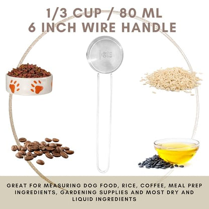 1/3 Cup Stainless Steel Measuring Cup, Long 6" Wire Loop Handle and Pour Spout | Sturdy Metal 80 ml | 80 cc | 3 oz | Single Cup for Wet and Dry Ingredients | Great for use as 1/3 Cup Dog Food Scoop - size: 1/3 Cup Long Handle