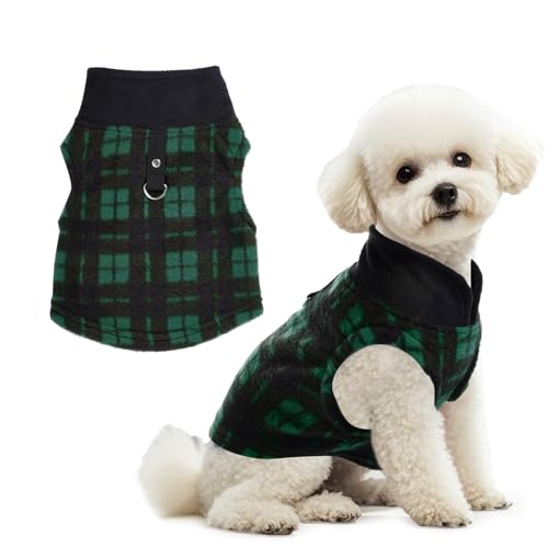 Rbenxia 1 PC Plaid Dog Sweaters with Leash Ring Soft Fleece Vest Dogs Pullover Warm Jacket Pet Dogs Clothes Winter Dog Outfits for Small Puppy Cat Pets (Green and Black, Small) - color: Green and Black, size: Small