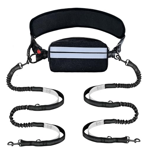 Hands Free Double Dog Leash No Tangle, Waist Leash for Dog Walking, Retractable Dog Leashes for Medium and Large Breeds-Pouch & Lumbar Support, Adjustable Waist Belt, Retractable Bungee,Padded Handles