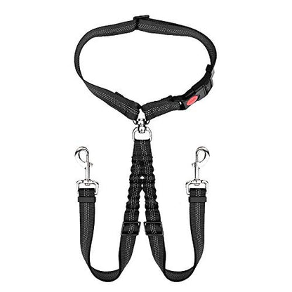 AUTOWT Double Dog Seat Belt, New Dual Pet Car Headrest Restraint Safety Seatbelt No Tangle Dog Leash Duty Adjust Elastic Bungee Puppy Lead Splitter Connect Harness in Vehicle Travel for 2 Dogs