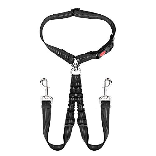 AUTOWT Double Dog Seat Belt, New Dual Pet Car Headrest Restraint Safety Seatbelt No Tangle Dog Leash Duty Adjust Elastic Bungee Puppy Lead Splitter Connect Harness in Vehicle Travel for 2 Dogs
