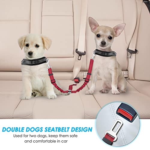 SlowTon Dog Seat Belt, Double Dog Seatbelt Adjustable Vehicle Safety Leash with Elastic Bungee Buffer, Reflective No Tangle Y Shape Two Dog Harness Seat Belt Splitter for Pets Car Trip Travel (Red, S) - color: D.Red, size: 2 Small in 1