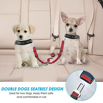 SlowTon Dog Seat Belt, Double Dog Seatbelt Adjustable Vehicle Safety Leash with Elastic Bungee Buffer, Reflective No Tangle Y Shape Two Dog Harness Seat Belt Splitter for Pets Car Trip Travel (Red, S) - color: D.Red, size: 2 Small in 1