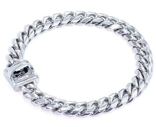 Heavy Duty Cuban Link Chain Dog Collars 15MM Gold/Silver Stainless Steel Metal Walking Training Collars with Cute Secure Design Buckle, Chew Proof, for Large Medium Small Dogs (Silver, 22'') - color: Silver, size: 22inches
