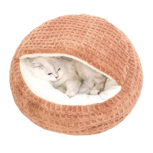 Plush Cat Bed Hooded Semi Enclosed Shell Shaped Pet Nest Cozy Warming Anti-Slip Small Dog Bed for Puppy and Kitten (Coffee, Small) - color: Coffee, size: Small