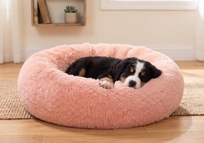 SAVFOX 23 inches Calming Donut Dog Bed - 3X Durable Plush Faux Fur, Machine Washable & Non-Slip, Fits up to 25 lbs, Pink - color: Pink, size: Small | 23"x23"