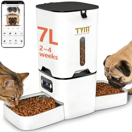 Automatic Cat Feeder with 2 Camera for 2 Cats, 7L Large Food Dispenser | Multiple Cats Household | Timed Cat Feeder | Two-way Voice | Separation Anxiety | Weight / Diet Control | 5G WiFi APP Control - color: White-2b