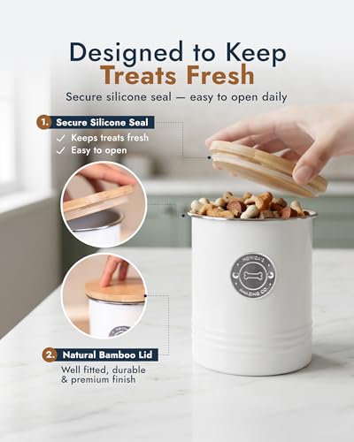 Dog Treat Container Airtight with Bamboo Lid - Premium White Metal Jar for Countertop Storage, 6.4 Cup Capacity, Easy to Open - Decorative Dog Cookie Jar for Kitchen Counter