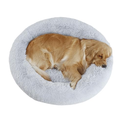 Bunlitent 39'' inch Calming Dog Bed, Plush Anti-Anxiety Donut Dog Bed for Small Medium Large Dogs, Warming Cozy Soft Cute Round Washable, Marshmallow Cuddler Nest Pet Bed, Grey - color: grey, size: 39"L x 39"W x 8"Th